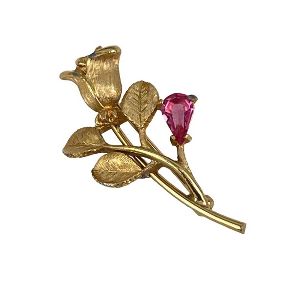 Avon Retro Gold Tone Rose Brooch With Pink Rhinestone Accent 2" - Picture 3 of 5